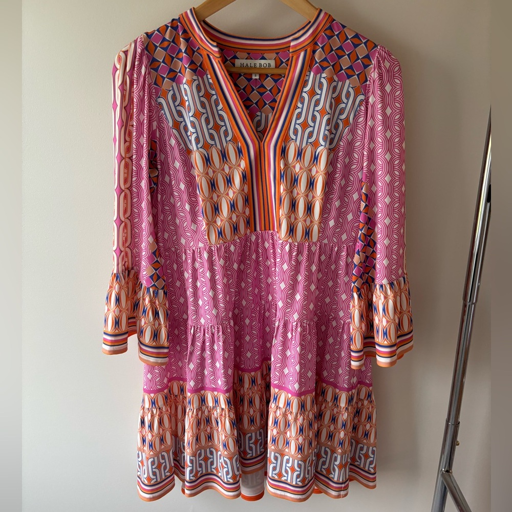 Hale Bob Pink Orange Geometric V-Neck Tunic
